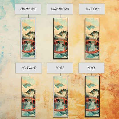 Atemberaubendes Motiv des Berges Fuji mit Spiegelung der roten Brücke, schmaler, hoher Leinwanddruck mit Rahmen, japanisches Wandbild im Feng-Shui-Stil