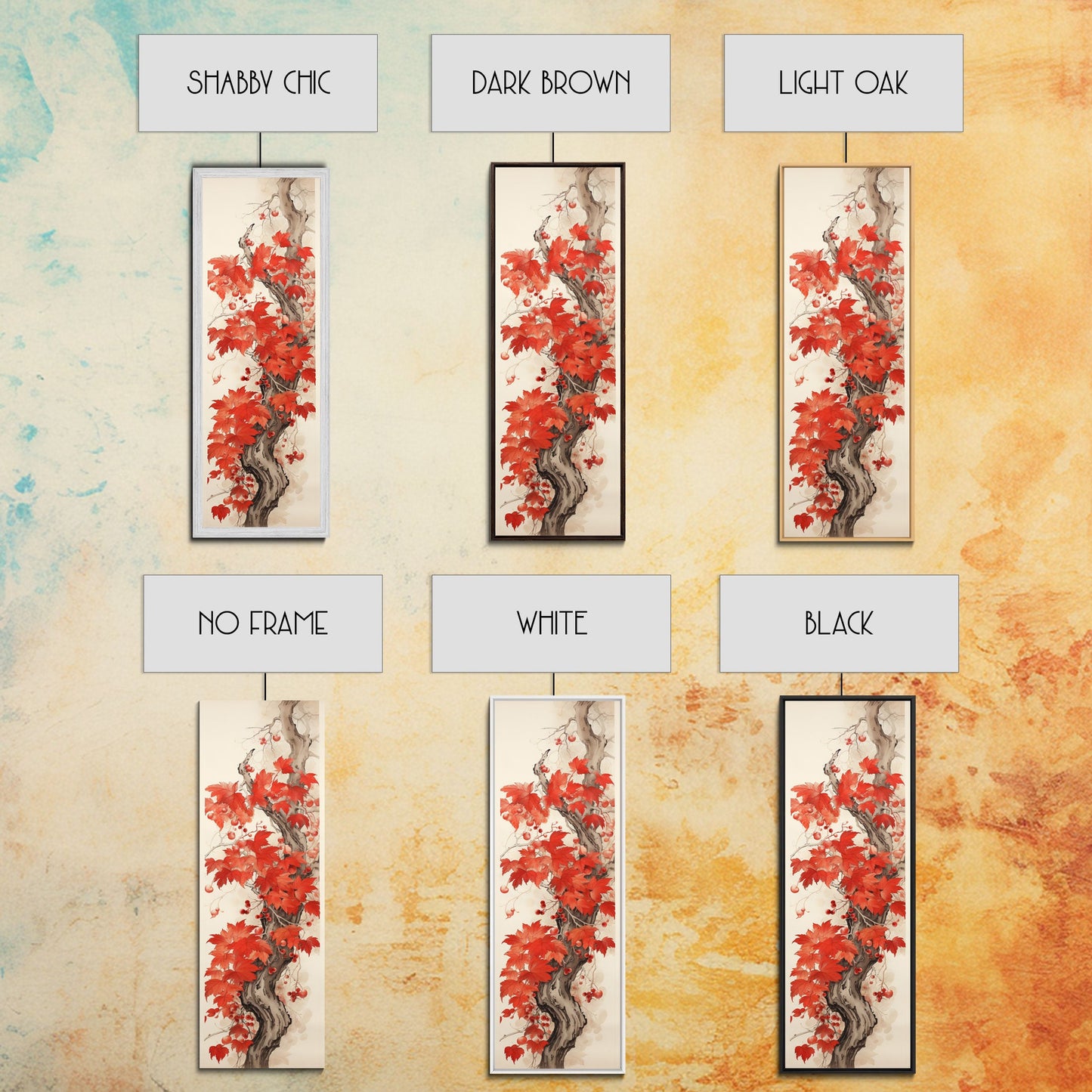 Striking Red Leaves And Berries On A Gnarled Tree, Tall Skinny Canvas Print For Feng Shui-Inspired Wall Art, Japanese Style Art