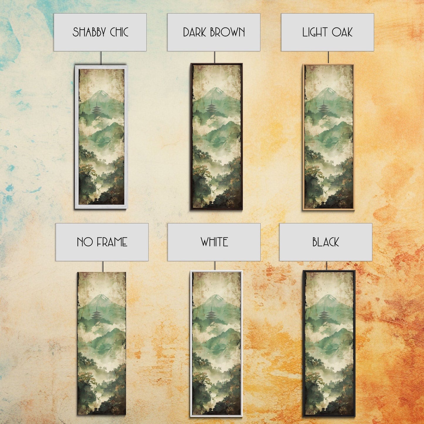 Skinny Art Tall Art Framed Canvas Print Japanese Style Art Foggy Mountain Temple Landscape Wood Block Print Ukiyo-e Feng Shui Wall Art