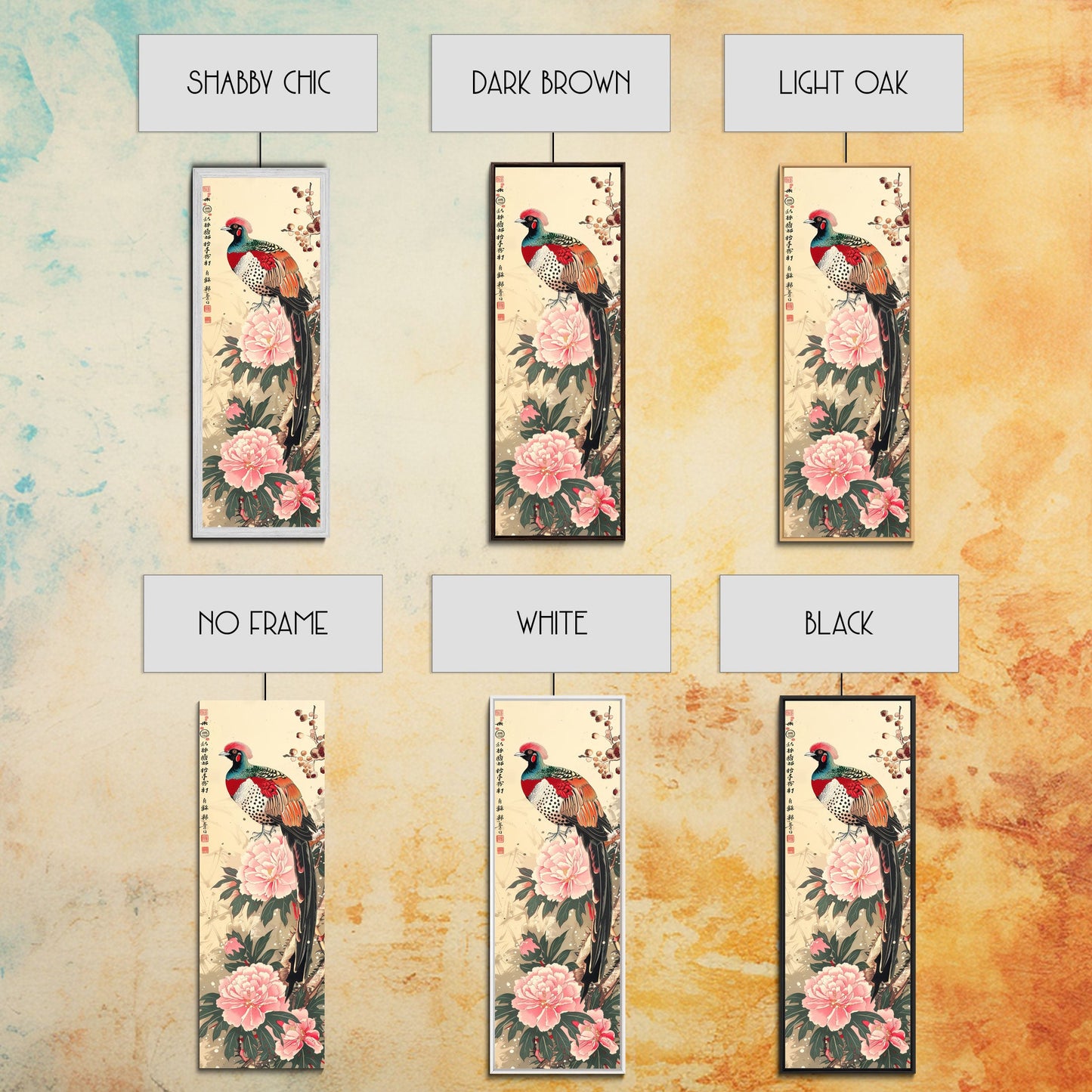 Majestic Pheasant Among Blossoms And Red Berries In Traditional Ukiyo-e Art Framed Canvas Print Japanese Style Skinny Art Tall Art