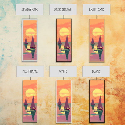 Sailing Boats In The Sunset Over Serene Waters In Japanese Style Ukiyo-e Art Framed Canvas Print Skinny Art Tall Art