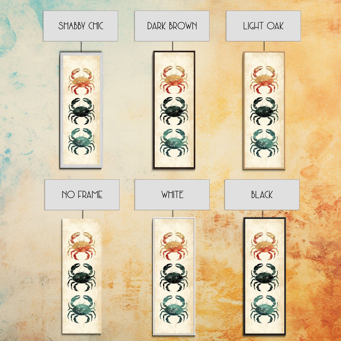 Coastal Crabs Skinny Art Tall Art Japanese Ukiyo-e Inspired Nautical Framed Canvas Print for Beach House or Ocean Lovers