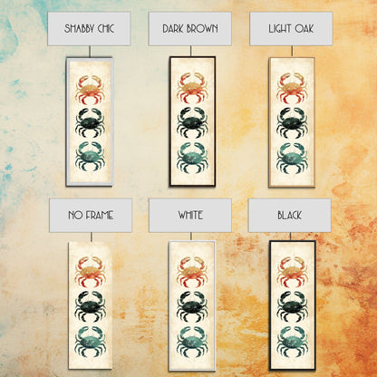 Coastal Crabs Skinny Art Tall Art Japanese Ukiyo-e Inspired Nautical Framed Canvas Print for Beach House or Ocean Lovers