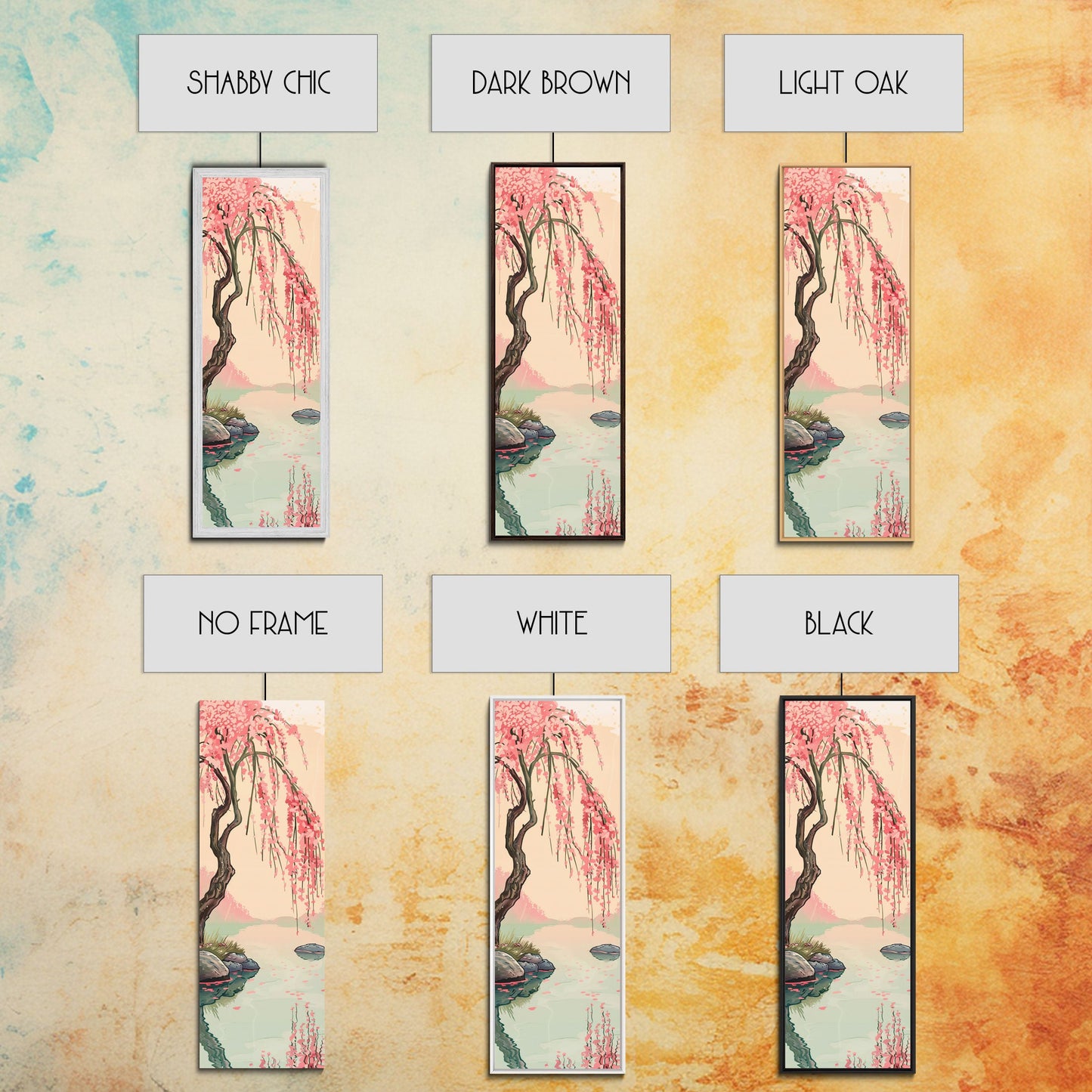 Serene Weeping Cherry Tree with Gentle Reflections in Water - Skinny Art, Japanese Wall Decor, Framed Canvas Print, Ukiyo-e Style