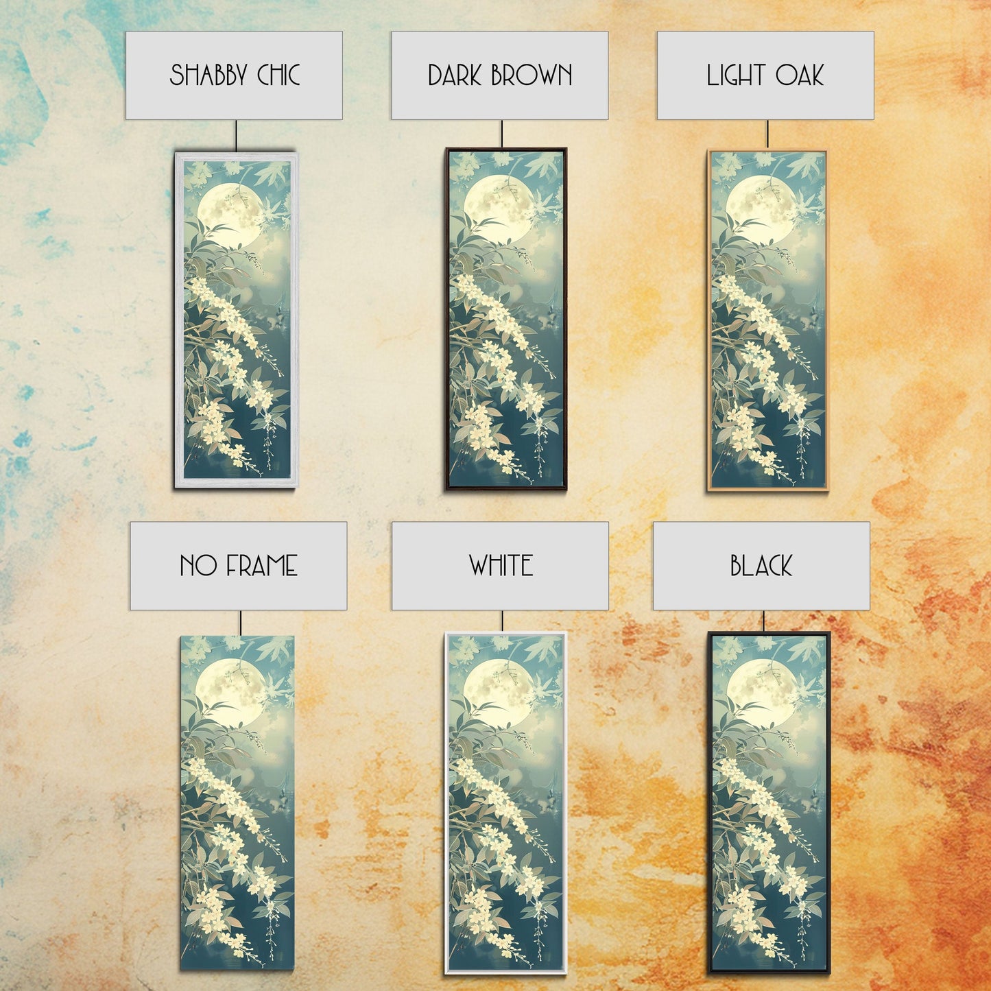 Delicate White Flowers and Full Moon in a Tranquil Night Setting - Skinny Art, Japanese Wall Decor, Framed Canvas Print, Ukiyo-e Style