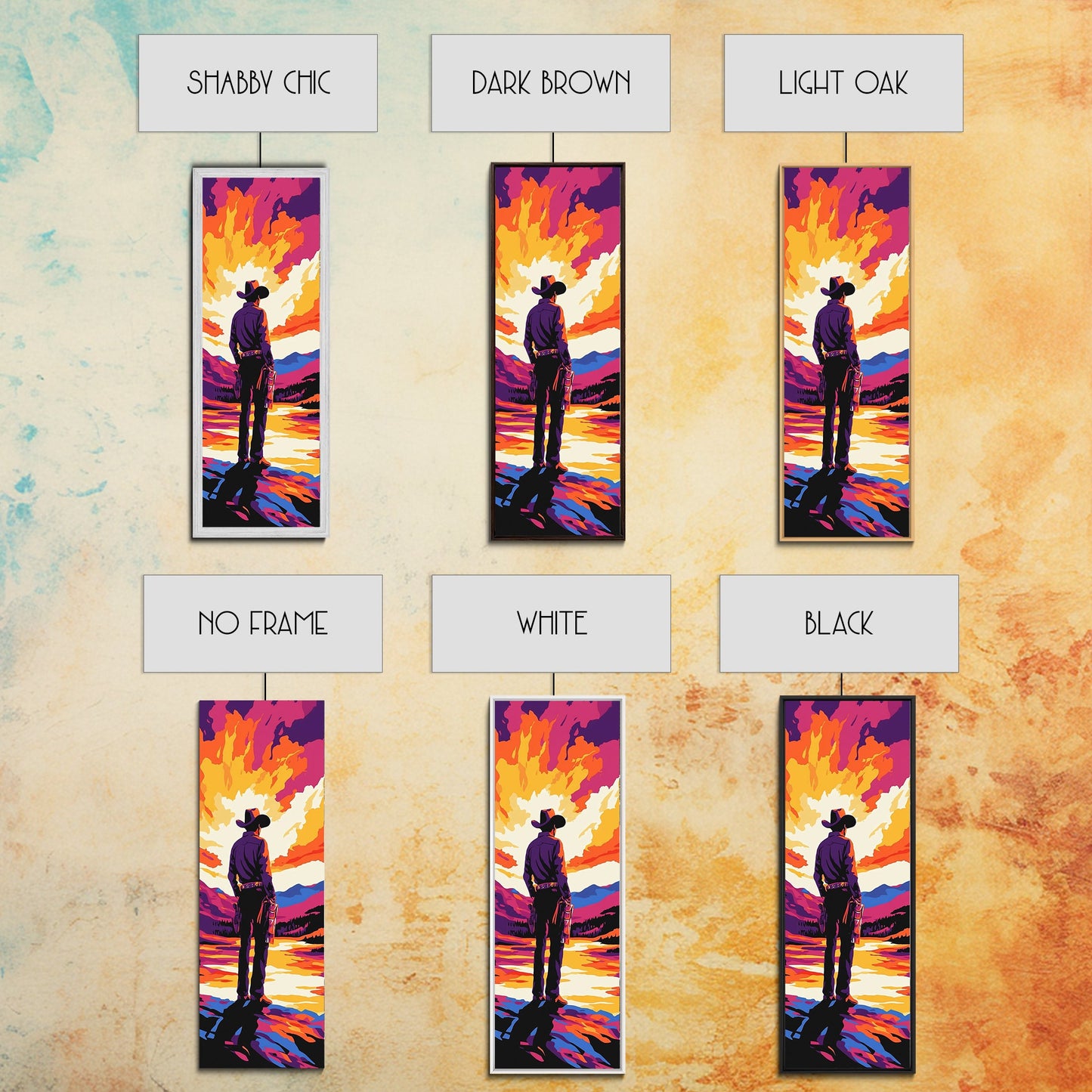 Bold Cowboy Sunset Canvas Print pink orange wall art southwest wall art extra wide art rustic decor farmhouse art tall narrow art