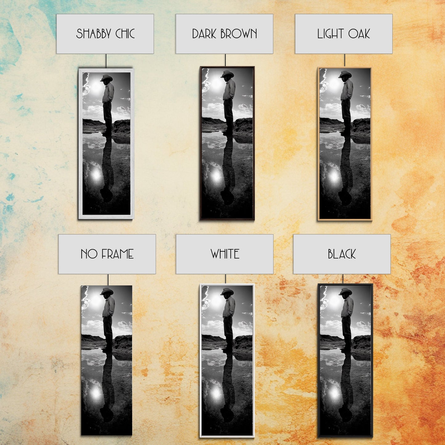 Lone Cowboy, Spiegelungsfotografie, gerahmter Leinwanddruck, rustikale Kunst, stimmungsvolle Wandkunst, extra breites Kunstwerk, Südwest-Wandkunst