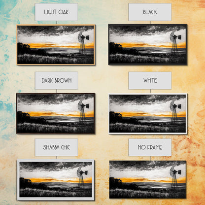 Windmill Sunset, windmill wall art, rustic decor, farmhouse art, landscape painting, extra wide art, framed canvas print, panoramic art