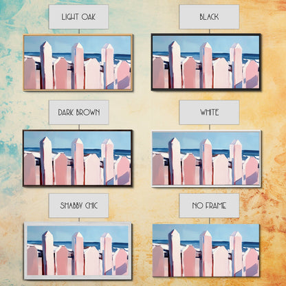 Beach Fence Painting, Coastal Landscape Art, Nautical Wall Decor, Soft Pastel Colors, Framed Canvas Print, Extra Wide Art, Seaside Home