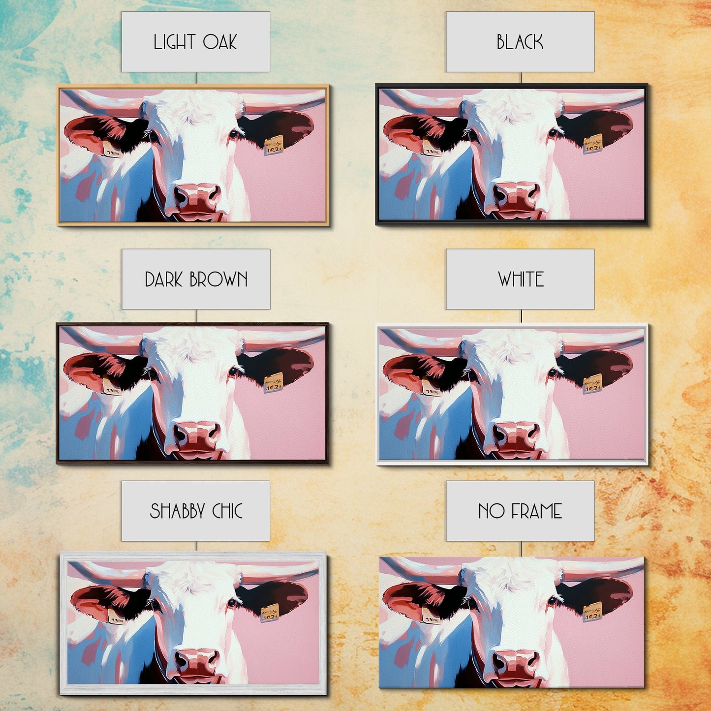 Texas Longhorn, Rustic Wall Art, Bull and Bear Art, Southwest Wall Art, Extra Wide Art, Pink Orange Wall Art, Canvas Print, Farmhouse Art