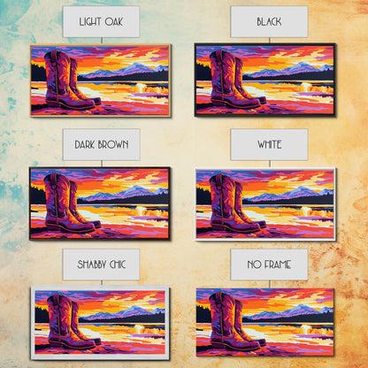 Cowboy boots, lake sunset, mountain painting, rustic western art, farmhouse decor, vibrant colors, extra wide art, canvas print