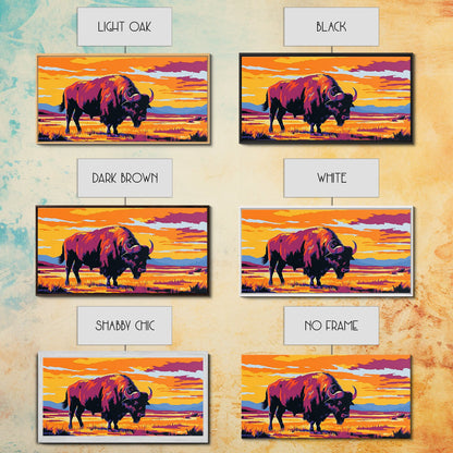Bison Prairie, rustic art, southwest wall art, landscape painting, extra wide art, panoramic painting, farmhouse art, Framed Canvas Print