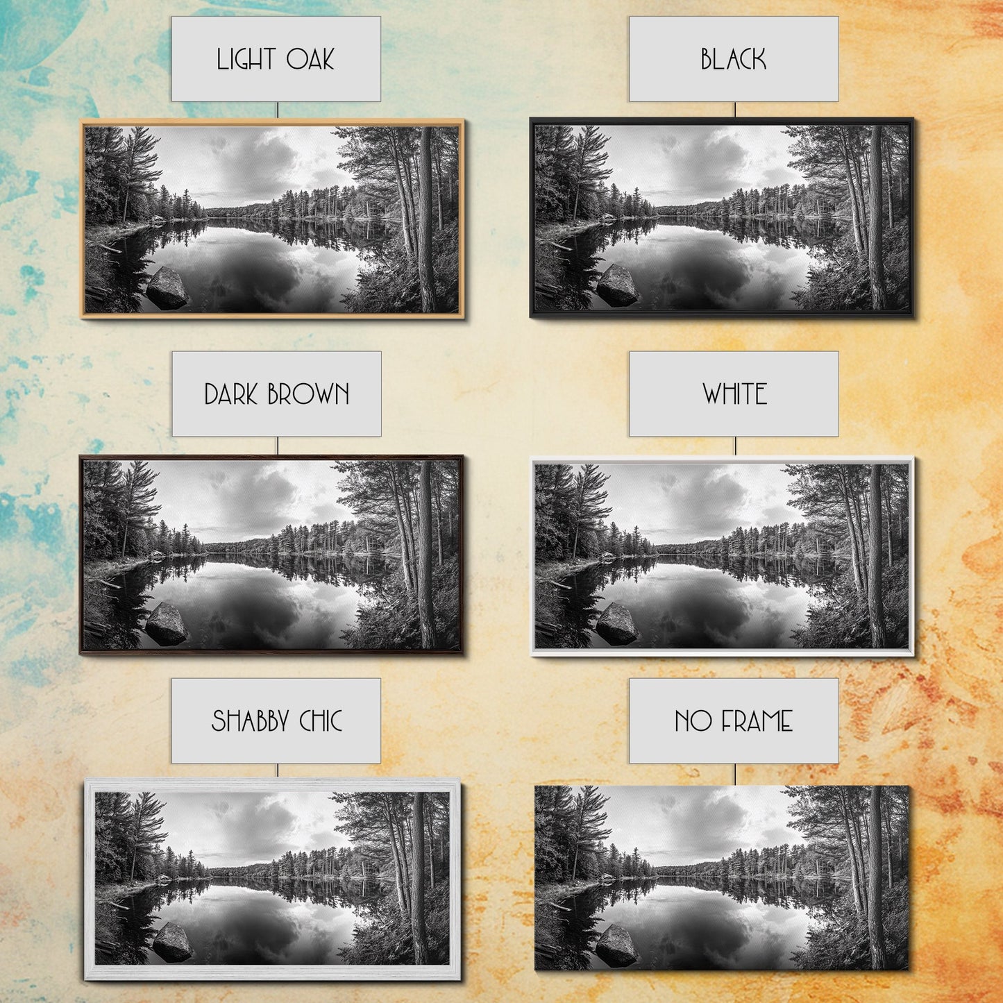 Lake reflection, pine tree art, landscape painting, wabi sabi art, rustic decor, panoramic painting, extra wide art, framed canvas print