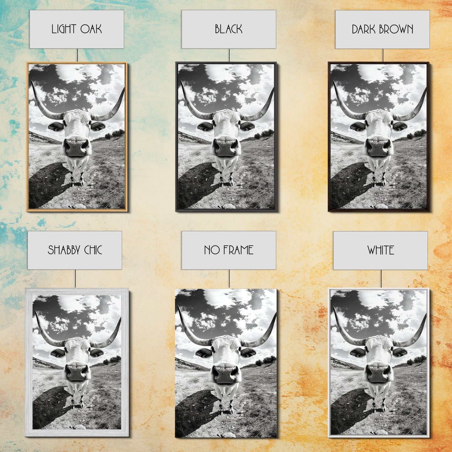 Texas Longhorn Close-up, bull and bear art, western decor, farmhouse art, rustic wall art, cowboy painting, framed canvas print