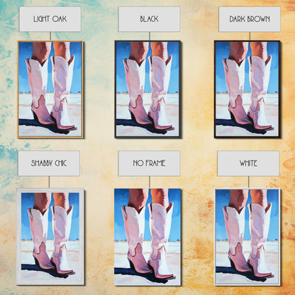 Cowgirl Boots, coastal cowgirl wall art, pink abstract art, rustic art, fashion painting, boho art, framed canvas print, gift idea