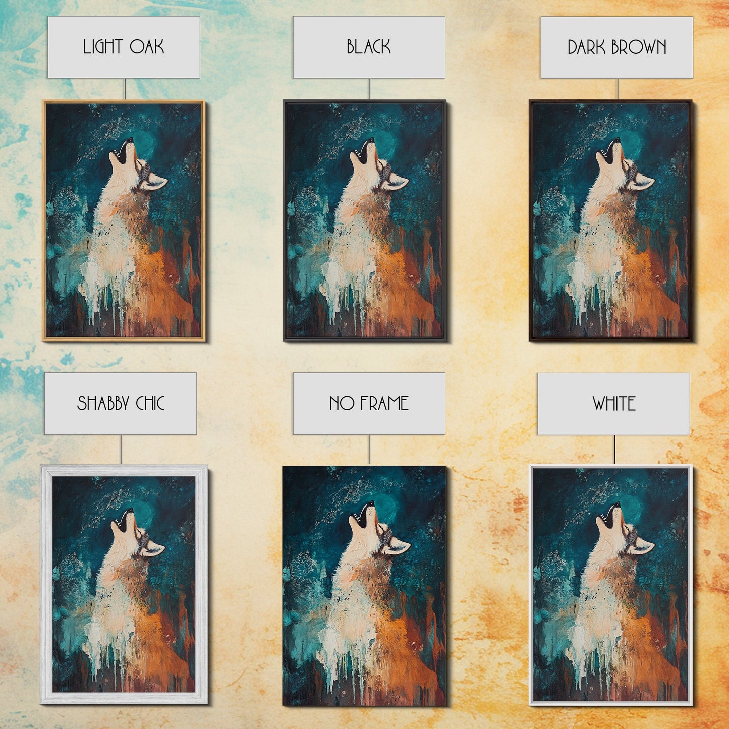 Abstract Wolf, howling at moon, moody blue tones, modern rustic art, wildlife painting, framed canvas print, dark romance painting