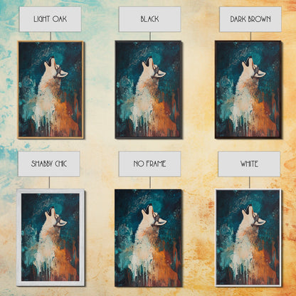 Abstract Wolf, howling at moon, moody blue tones, modern rustic art, wildlife painting, framed canvas print, dark romance painting