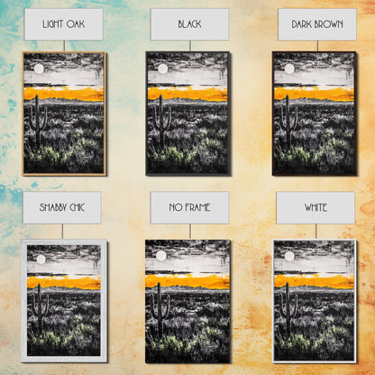 Cactus Sunset, black and white, moody desert art, yellow skyline, Joshua tree art, framed canvas print, extra wide art, rustic decor