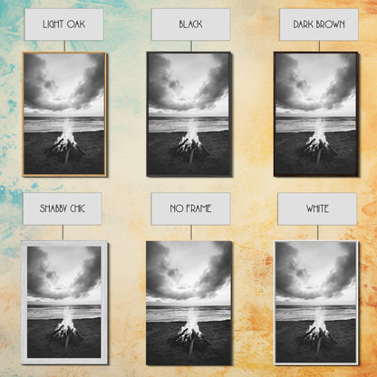 Beach Bonfire, coastal landscape art, rustic decor, moody art, dramatic seascape, black and white, framed canvas print, nautical wall art