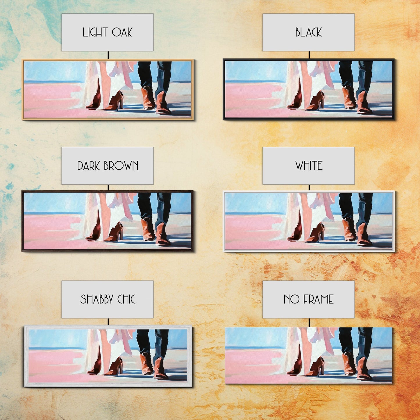 Beach Wedding Art, cowboy boots painting, coastal decor, coastal cowgirl wall art, extra wide art, framed canvas print, horizontal wall art