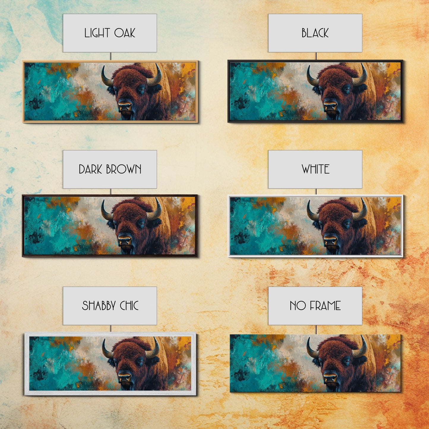 Bold bison painting, teal and orange art, rustic wall art, farmhouse decor, boho art, extra wide western painting, canvas print