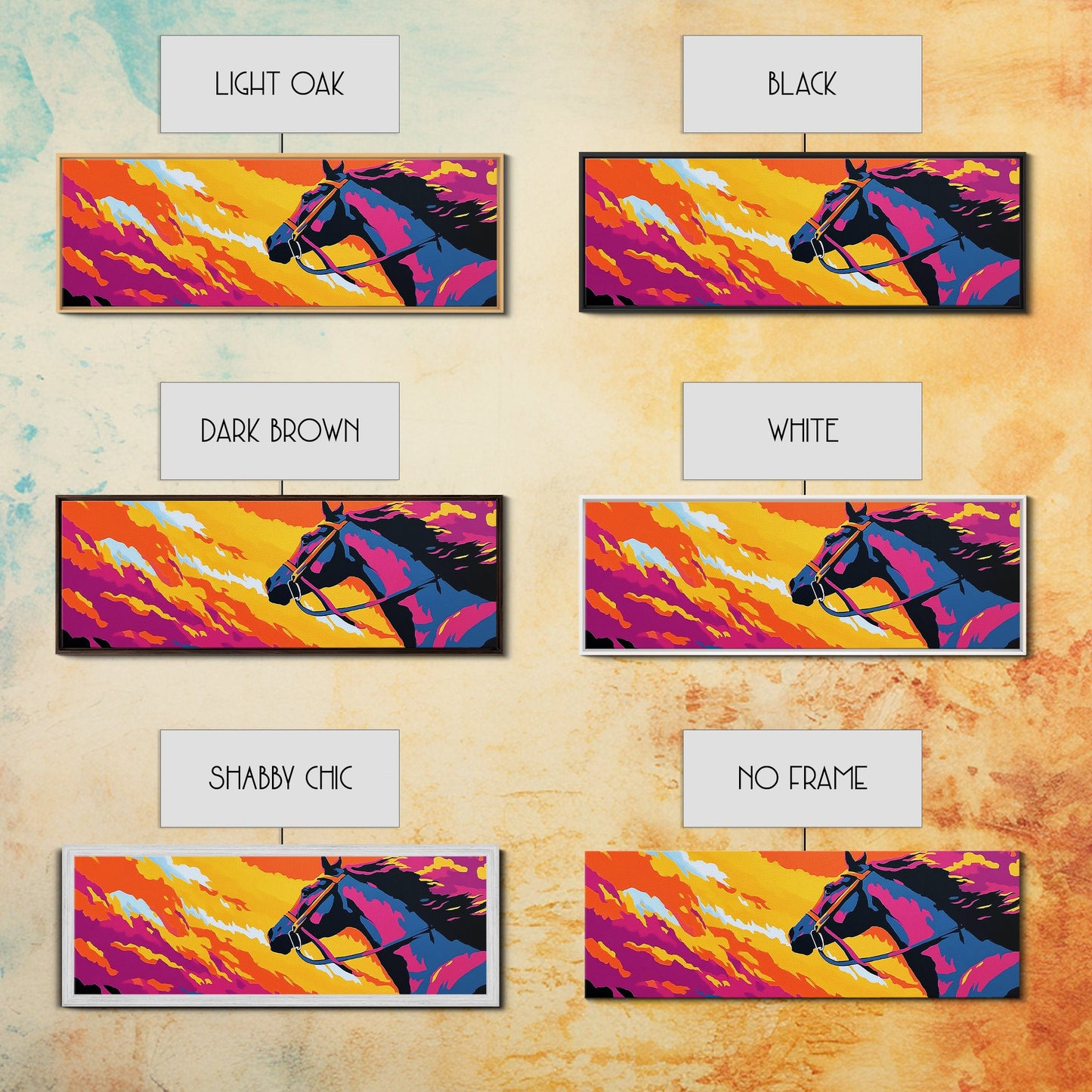 Horse silhouette, sunset, pink orange wall art, colorful equestrian, western art, extra wide art, framed canvas print, panoramic painting