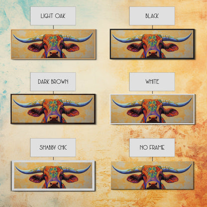 Floral Longhorn Art, Southwestern Wall Art, Texas Cow Art, Rustic Farmhouse Decor, Boho Art, Framed Canvas Print, Moody Art