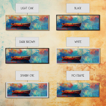 Colorful Boat Painting, coastal landscape art, nautical decor, seascape painting, vibrant wall art, framed canvas print, extra wide art