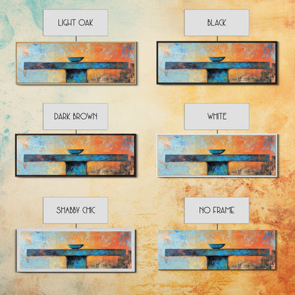 Blaue Schale, minimalistische Kunst, Wabi-Sabi-Kunst, extra breites Kunstwerk, gerahmter Leinwanddruck, salbeigrünes Wandbild, horizontales Wandbild, Therapiekunst