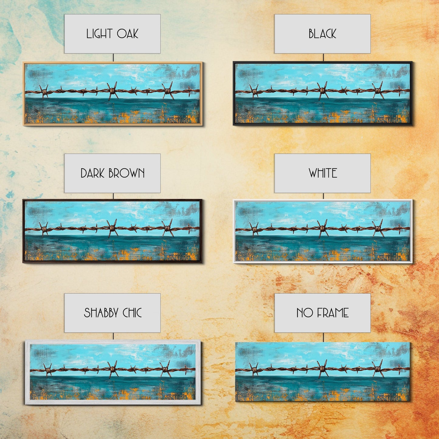 Barbed Wire Ocean, coastal decor, rustic art, farmhouse painting, minimalist painting, extra wide art, framed canvas print, moody art