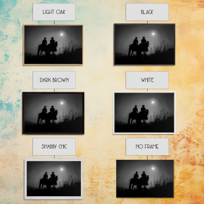 Cowboys Under A Full Moon, Framed Canvas Print, Black and White Western Photography, Wild West Art, Western Decor, Farmhouse Country Art