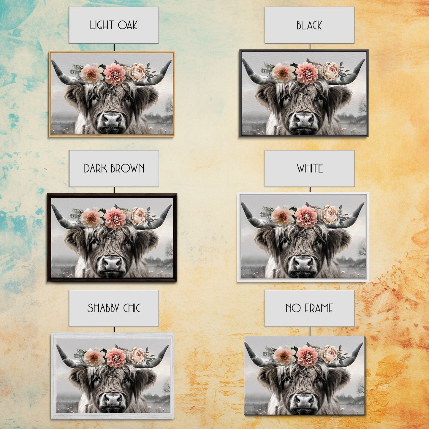 Cute Framed Canvas Wall Art, Cute Cow Wearing Flowers, Farmhouse Decor, Farmhouse Wall At, Extra Large Boho Decor, Minimalist Modern Art