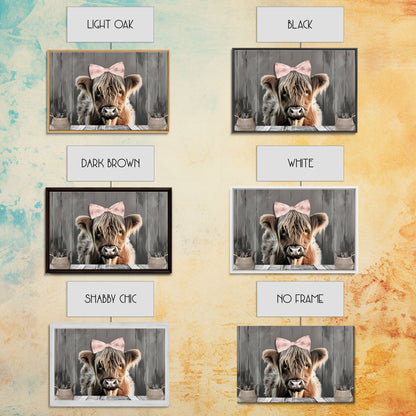 Framed Wall Art Texas Cattle, Wood Framed Canvas Print, Farmhouse Decor, Minimalist Rustic Farmhouse Painting, Cute Nursery Wall Art