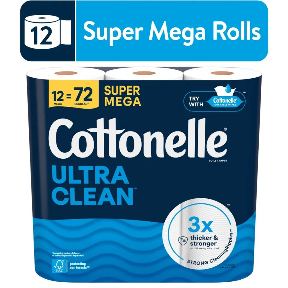 Ultra Clean Toilet Paper, Strong Toilet Tissue, 12 Super Mega Rolls