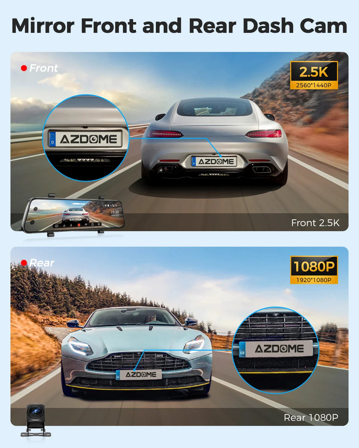 AZDOME PG17 12" WiFi Mirror Dash Cam 4K Dual Camera