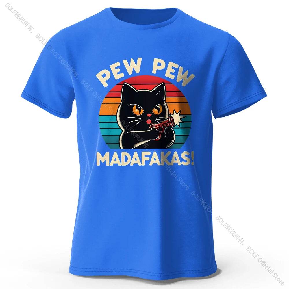 Cute Cat Doodle Print Cotton T-Shirt for All Seasons