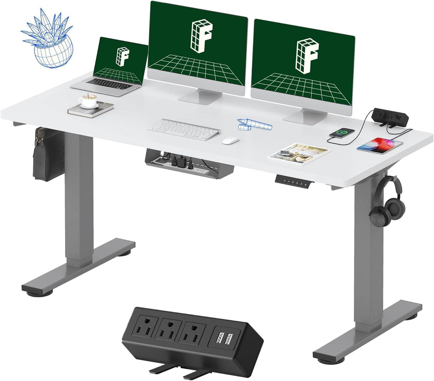 EN2 Height Adjustable Electric Standing Desk - 48"x30" with Clamp Power Strip & Cable Management (Gray Frame + Mahogany Top)