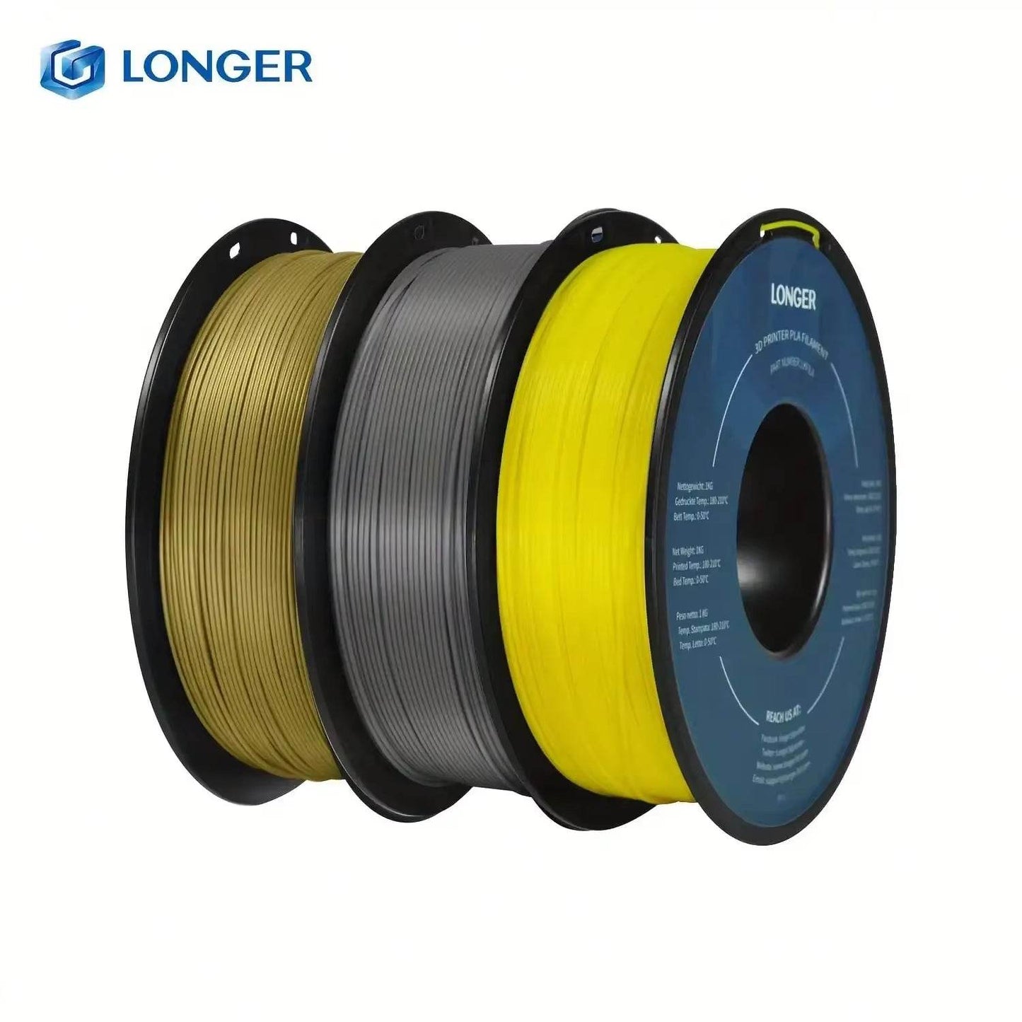 Premium 3KG PLA 3D Printing Filament Set - 1KG Light Gold, 1KG Silver, 1KG Yellow, 1.75mm Diameter
