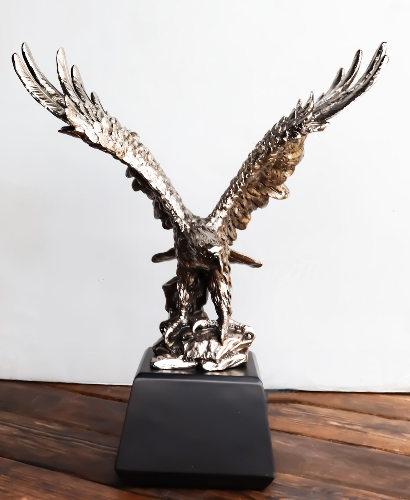 Electroplated Pewter Silver Bald Eagle with Open Wings Landing on Rock Statue