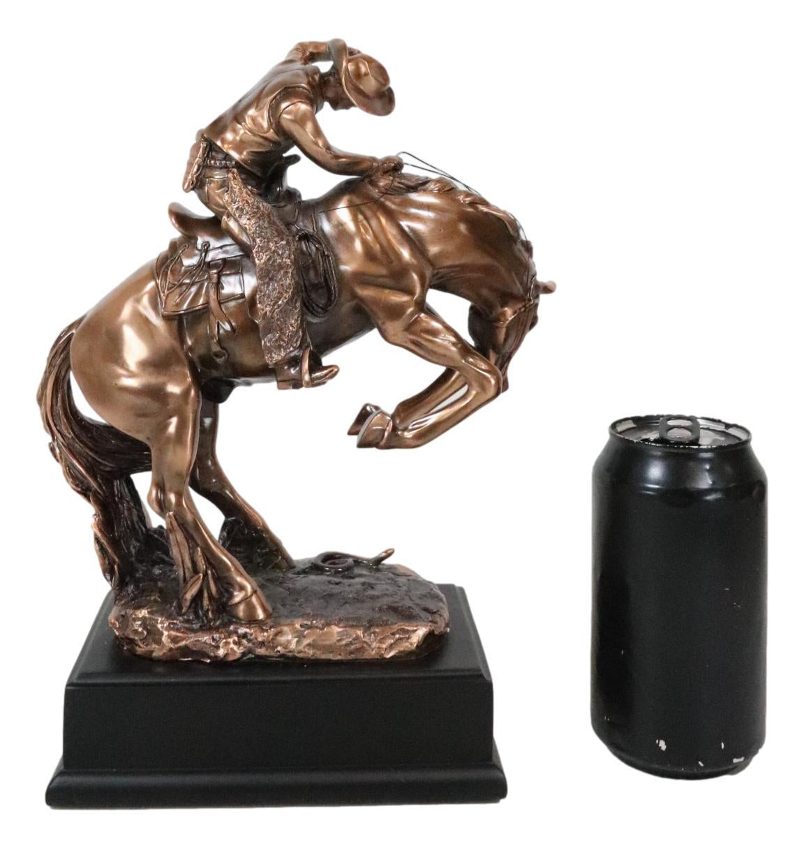 Rustic Western Rodeo Cowboy on a Rearing Horse Bronzed Resin Statue