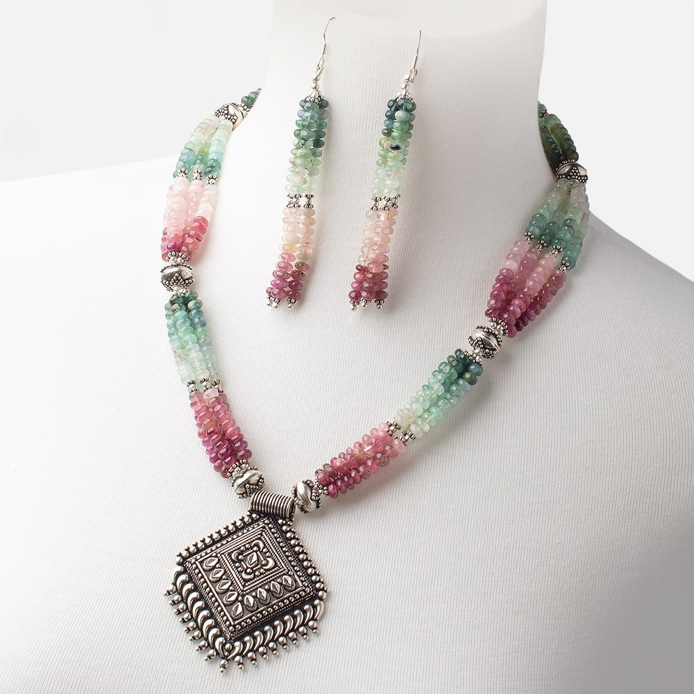 Afghani Tourmaline Antiqued Silver Necklace and Earring Set