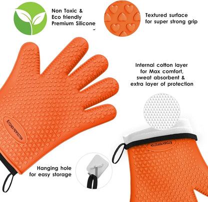 Silicone Smoker Oven Gloves -Extreme Heat Resistant BBQ Gloves -Handle Hot Food Right on Your Grill Fryer Pit|Waterproof