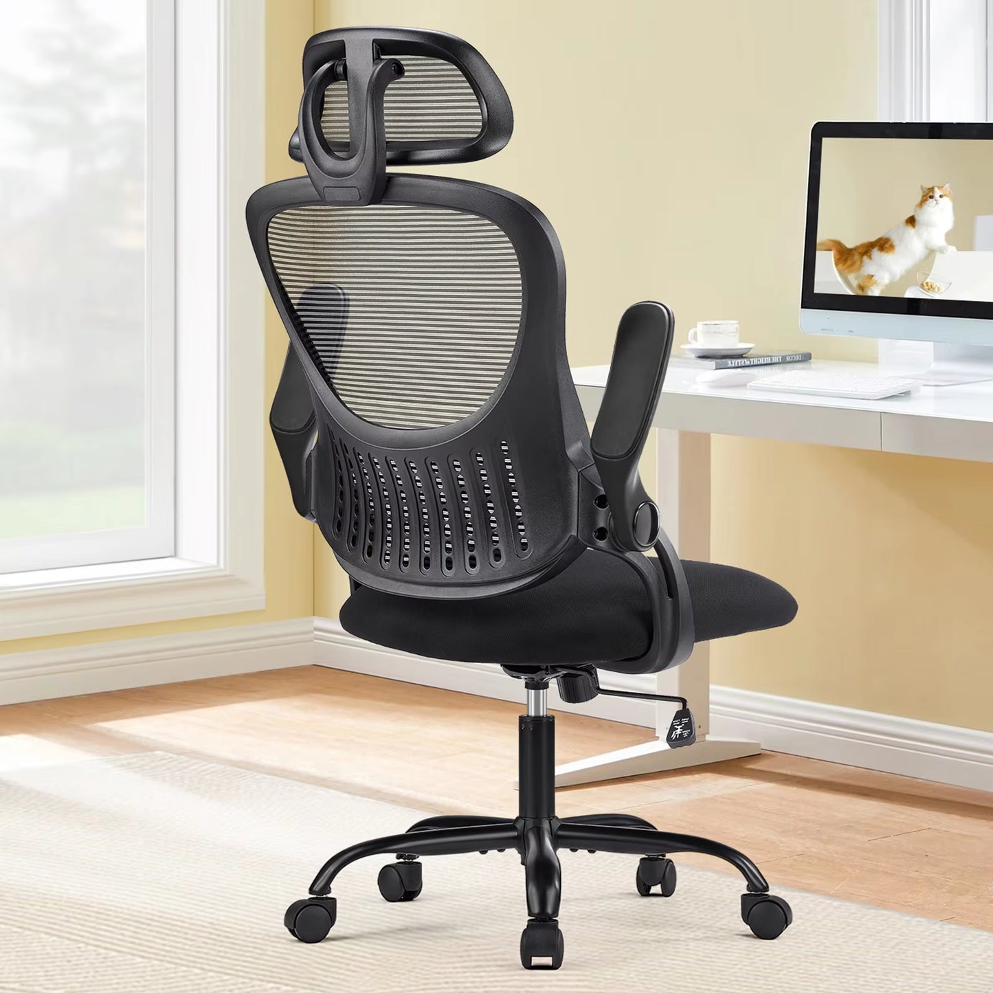 Mesh Ergonomic Office Computer Desk Chair Flip-Up Arms Adjustable Headrests Comfortable Lumbar Support for Home Office