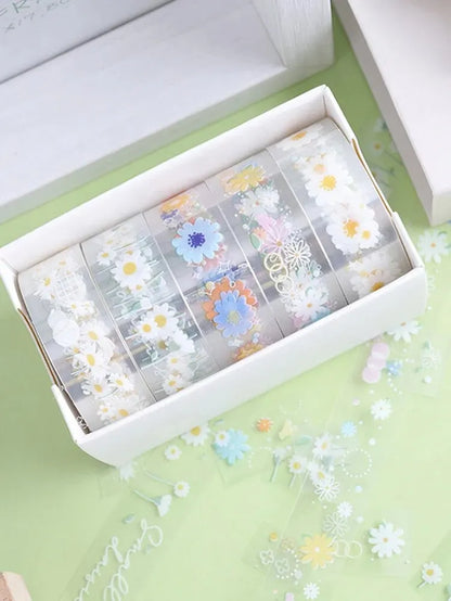 5 Rolls Transparent Decorative Tape PET Waterproof Self-Adhesive Flower Daisy Pattern Decorative Masking Sticker Clear Tape