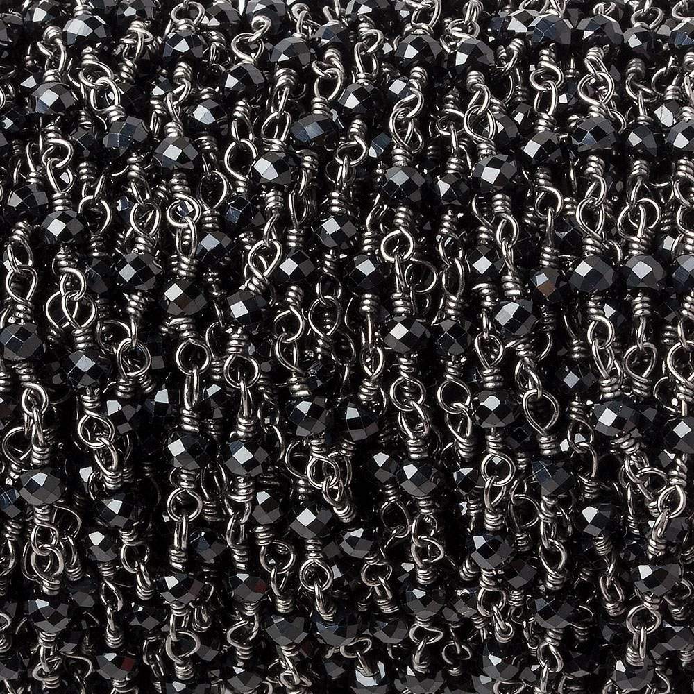 Black Spinel micro-faceted rondelle Black Gold plated Chain by the foot 40 beads