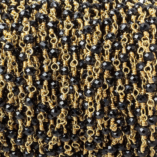 Black Spinel micro-faceted rondelle Gold plated Chain by the foot 40 beads