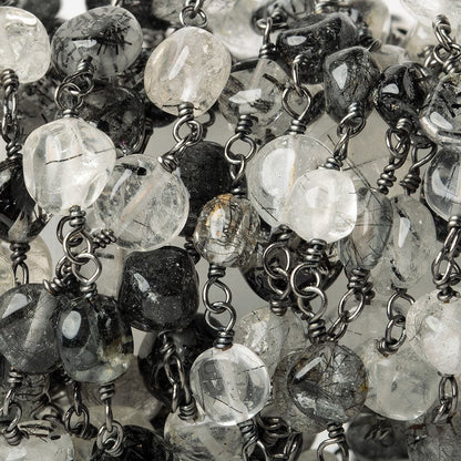 Black Tourmalinated Quartz plain coin Black Gold plated Chain by the foot