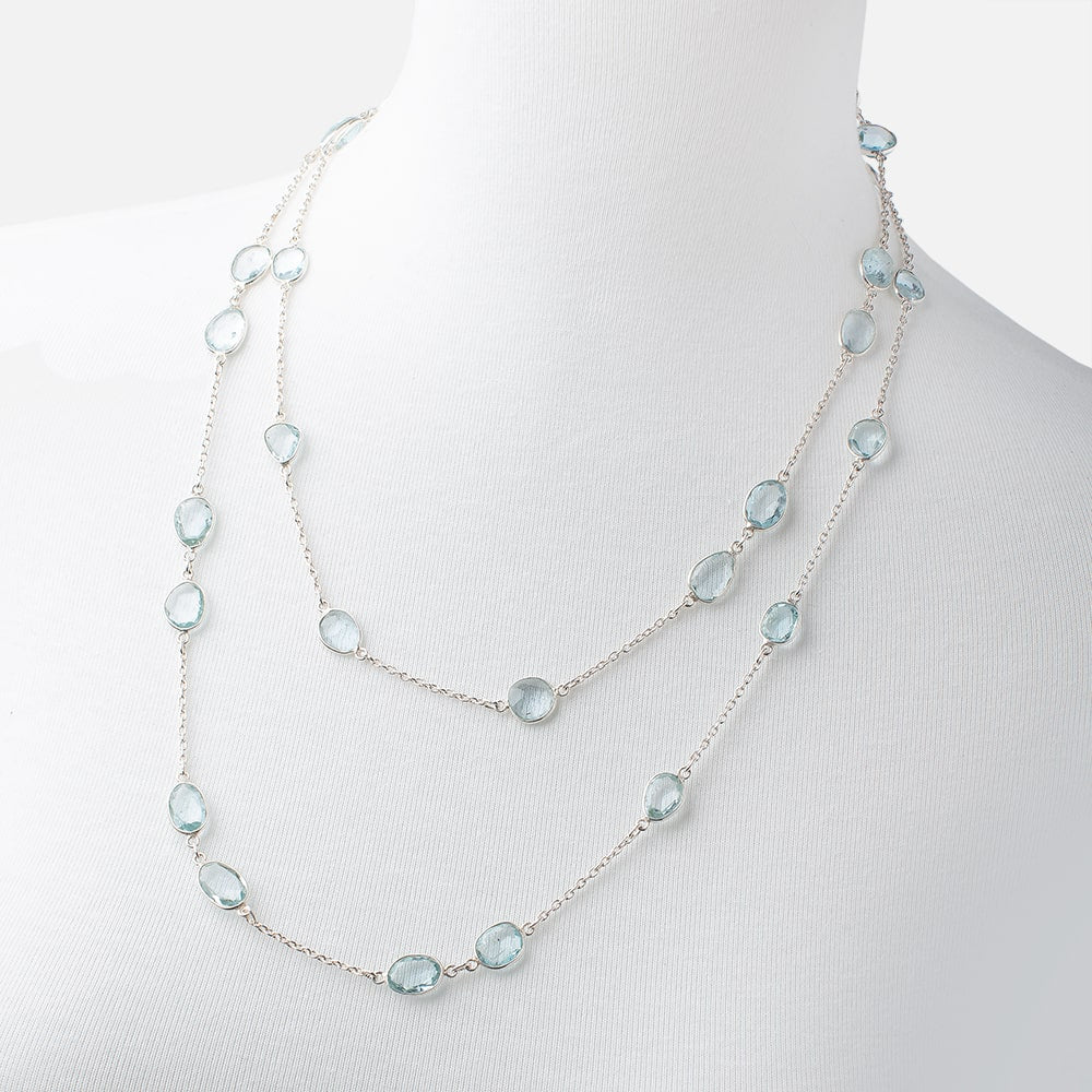 Blue Topaz Faceted Nugget .925 Silver Bezel Chain Necklace AAA