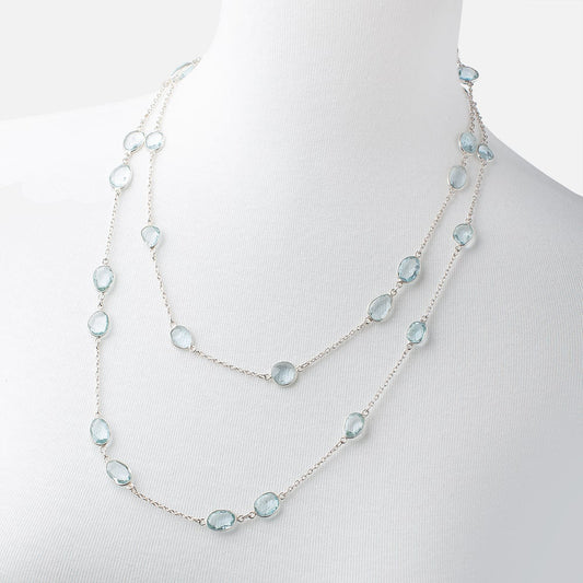 Blue Topaz Faceted Nugget .925 Silver Bezel Chain Necklace AAA