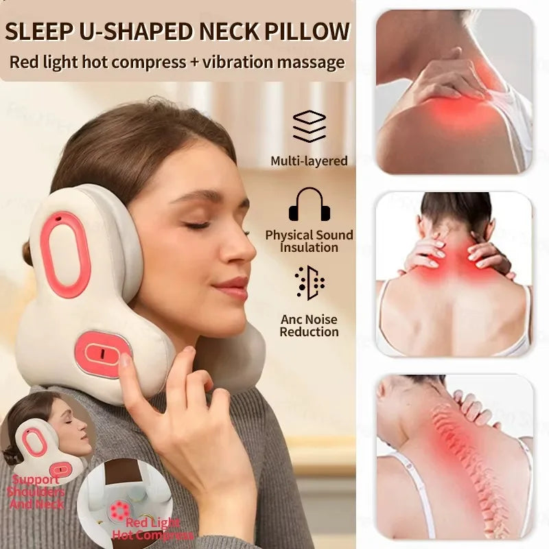 Wireless Neck Massager Red Light Hot Compress Massager Sleep Noise Reduction U-Shaped Neck Pillow Masajeador Bluetooth Music